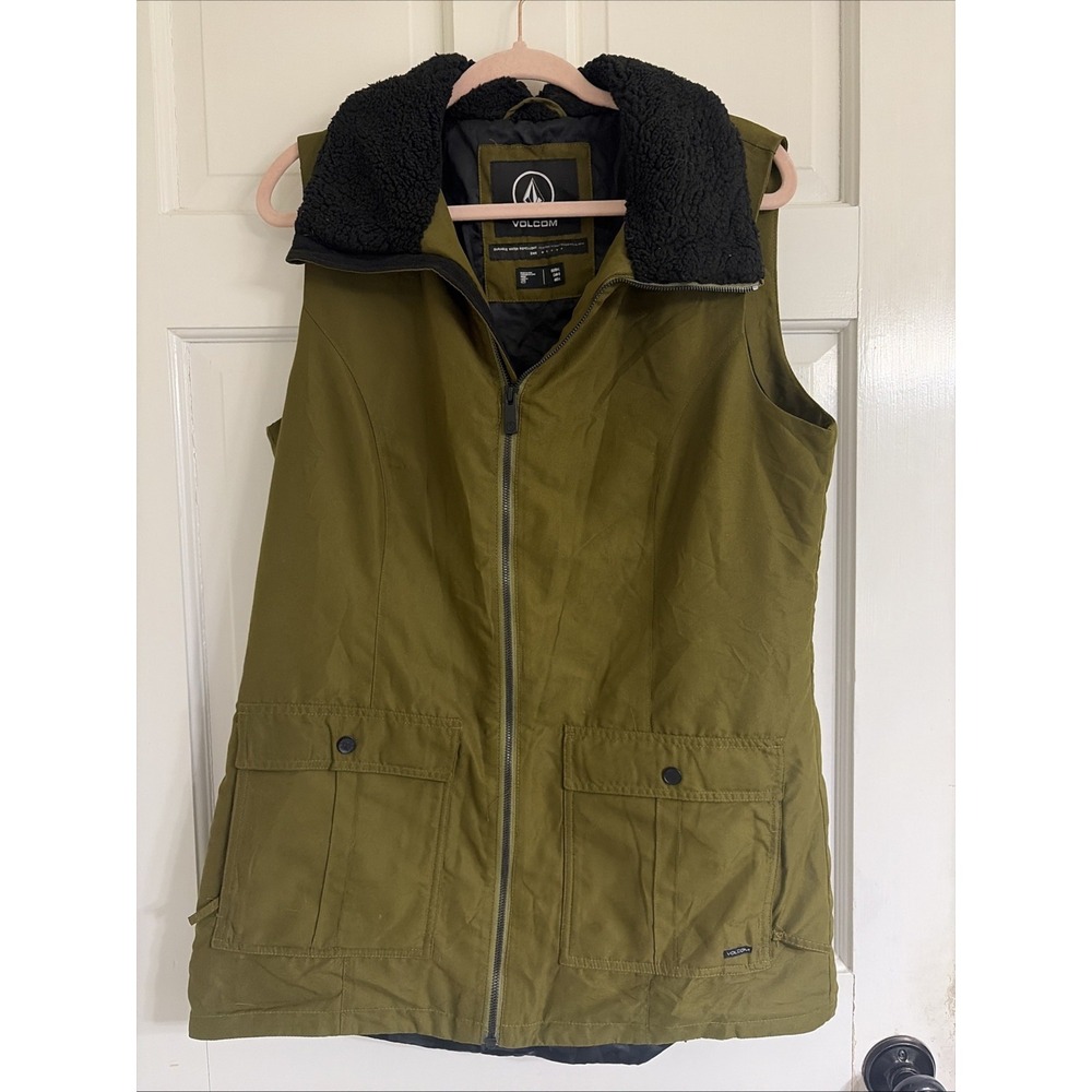Volcom Womens Longline DWR Utility Vest Olive Green Sherpa Collar Sz L